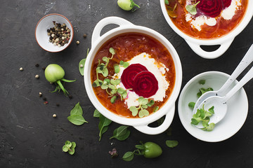 The farmer is an organic market of beetroot soup with sour cream and micro-greenery in a portioned white ceramic bowl. Top view. The concept of a simple home-made healthy healthy meal.