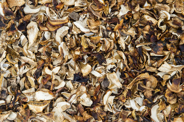 Dried boletus close-up. Background of dried mushrooms.