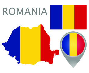 Colorful flag, map pointer and map of Romania in the colors of the Romanian flag. High detail. Vector illustration