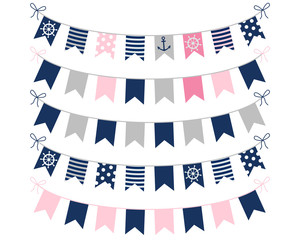 Pink, blue and grey nautical buntings for girl birthday invites, birthday designs and greeting cards