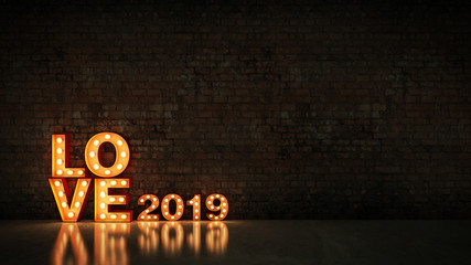marquee light love 2019 letter sign, New Year 2019. 3d rendering