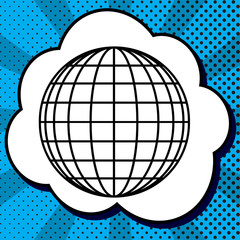 Earth Globe sign. Vector. Black icon in bubble on blue pop-art b