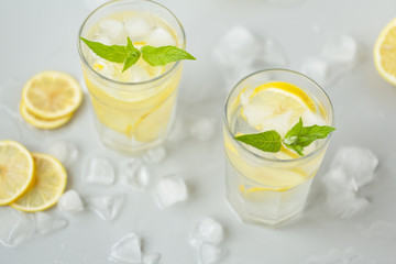 Alcoholic drink (gin and tonic) with lemon, lime, mint  and ice.