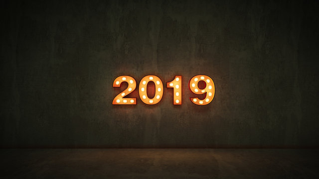 marquee light 2019 letter sign, New Year 2019. 3d rendering