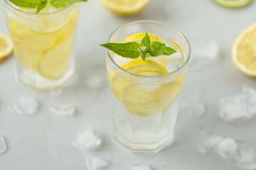 Alcoholic drink (gin and tonic) with lemon, lime, mint  and ice.