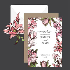 Vector invitation for the wedding. Card with magnolia flowers.