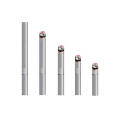 Realistic design of 5 various sizes of white cigarette. Burning and no burning 3d design style vector illustration isolated on white background.