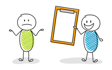 Happy hand drawn stickman holding clipboard with copyspace. Vector.