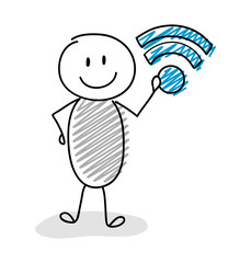 Cartoon stickman holding internet (wifi) icon. Vector.