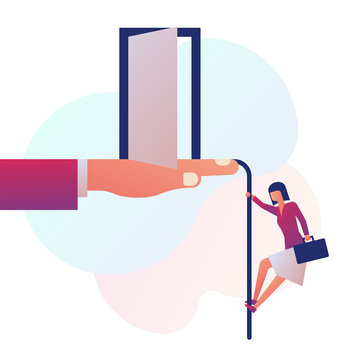 Businessman rises up the rope. Career growth ahead. Female to the goal. Vector illustration flat design. Isolated on background. Aspiration to victory. Ambition business.