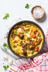 Frittata with meat and vegetables top view.