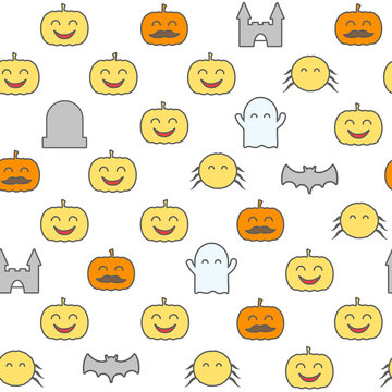Halloween seamless pattern with cute and funny festive elements. Loopable background.