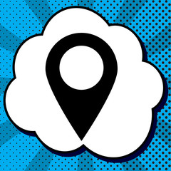 Mark pointer sign. Vector. Black icon in bubble on blue pop-art 