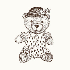 Teddy bear girl in dress with hearts print and hat with flowers, hand drawn doodle sketch, isolated vector outline illustration