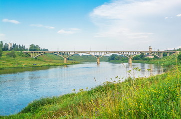 The bridge over the Volga River in the ancient Russian town of Staritsa