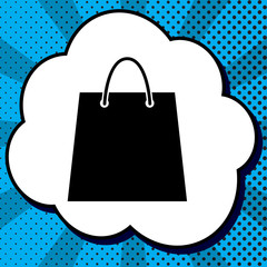 Shopping bag illustration. Vector. Black icon in bubble on blue 