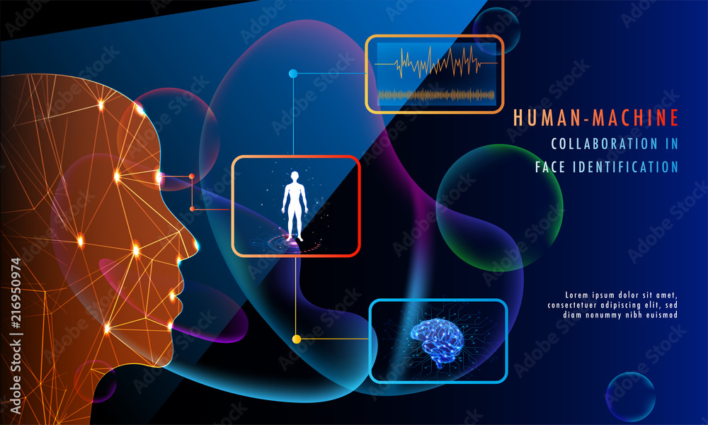 Poster human machine collaboration in face identification concept, human face made with mesh network on shi