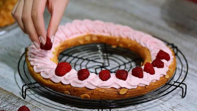 Preparation homemade choux pastry cake Paris Brest. French dessert
