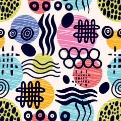 Abstract seamless doodle patterns on shabby background. Vector.