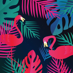 Tropical jungle leaves with flamingos background. Colorful tropical poster design. Exotic leaves, plants and branches art print. Flamingo wallpaper, fabric, textile vector illustration design