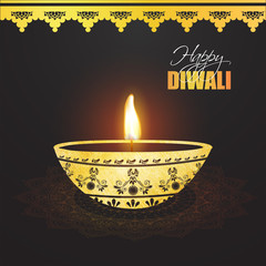 Paper cut style illuminated golden oil lamp (Diya) on floral ornamental background for celebration of Diwali festival.