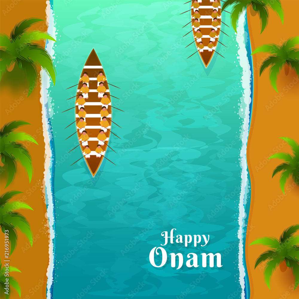 Wall mural top view illustration of snake boat racing (vallamkali) on tropical beach landscape for onam festiva