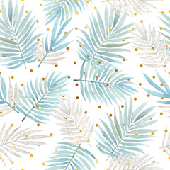 Naklejka premium Seamless watercolor pattern with tropical leaves.
