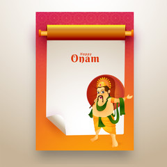 Scroll paper style greeting card design with illustration of King Mahabali for Onam festival wishes.