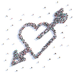 A lot of people form love, heart with an arrow, icon . 3d rendering.