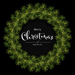 Christmas wreath of green pine leaves on black background. Vector set of Christmas elements for holiday invitations, greeting card and advertising design.