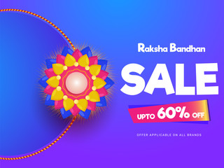 Upto 60% discount offer for Raksha Bandha Sale banner or poster design with beautiful rakhi (wristband) on shiny blue background.