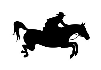 cowboy riding jumping horse - black vector silhouette design