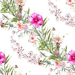 Watercolor painting of leaf and flowers, seamless pattern on white background