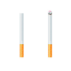 Realistic burning and no burning cigarettes with smoke. 3d design style vector illustration isolated on white background.