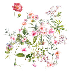 watercolor painting of leaves and flower, on white background