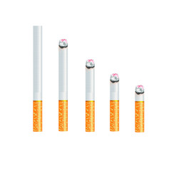 Realistic design of 5 various sizes of cigarette. Burning and no burning 3d design style vector illustration isolated on white background.