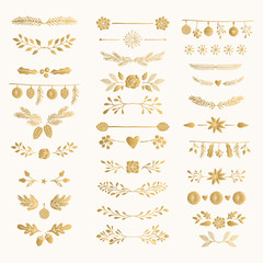 Set of golden hand drawn winter text decoration. Gold foil dividers and separators.
