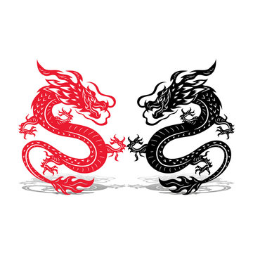 Two dragons (black and red), battle, on white background,