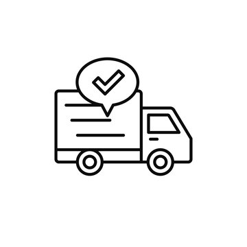 delivery truck check icon. shipment item success illustration. simple outline vector symbol design.