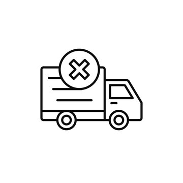 delivery truck cross mark icon. not loaded car, lost shipment item illustration. simple outline vector symbol design.