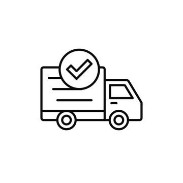 delivery truck check icon. done checking, success shipment item illustration. simple outline vector symbol design.