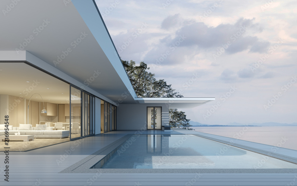 Poster perspective of modern building with terrace and swimming pool on sea view background,idea of family 