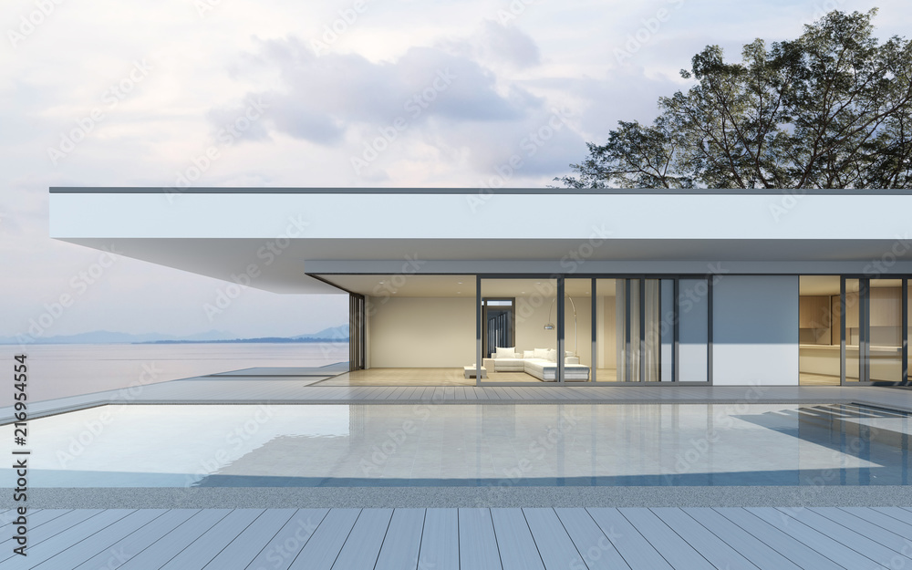 Poster perspective of modern building with terrace and swimming pool on sea view background,idea of family 