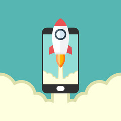 Rocket launches and smart phone flat design vector illustration, start up new business, flat design vector illustration