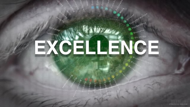 Close up of an eye focusing on Excellence concept on a futuristic screen.