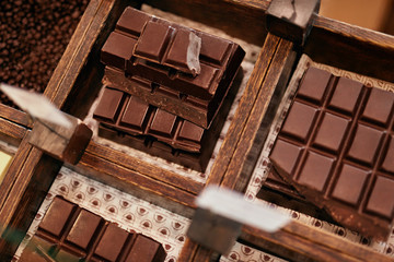 Chocolate Bars In Confectionery Shop Closeup.