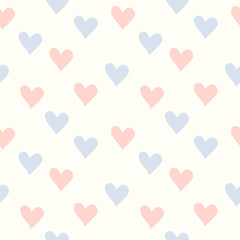 Blue and pink hearts seamless pattern, white background, soft colors