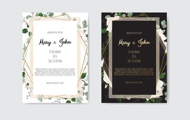 Botanical wedding invitation card template design, white and pink flowers on white and black background.