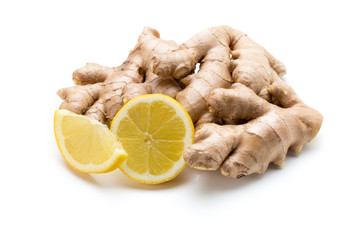 Ginger bio and lemon on white background.