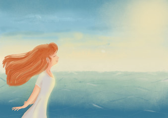 Obraz premium Digital hand painted illustration with relaxed and happy girl looking sea 